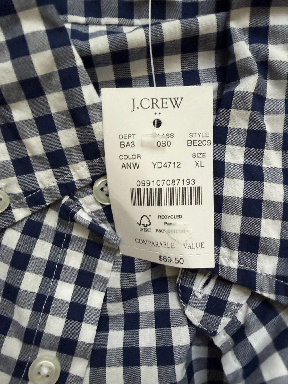 J. Crew Navy and White Gingham Button-Down Slim Fit Untucked Shirt - Size XL